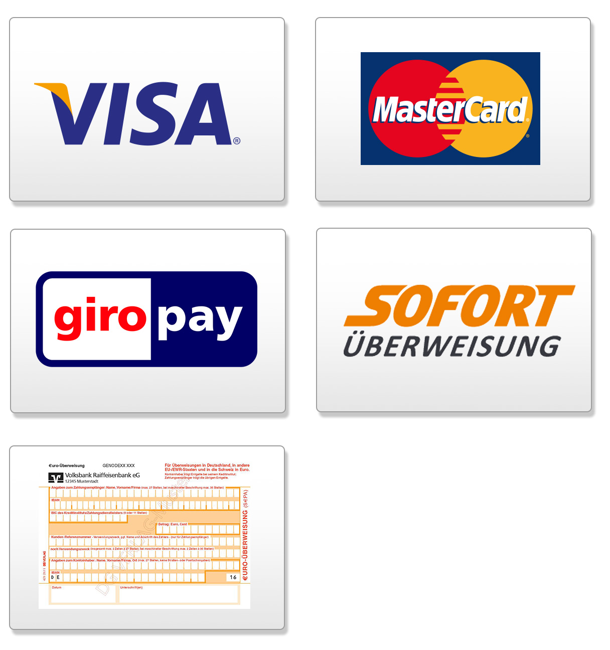 Zahlung per VISA, MasterCard, GiroPay, SOFORT Überweisung und Rechnung